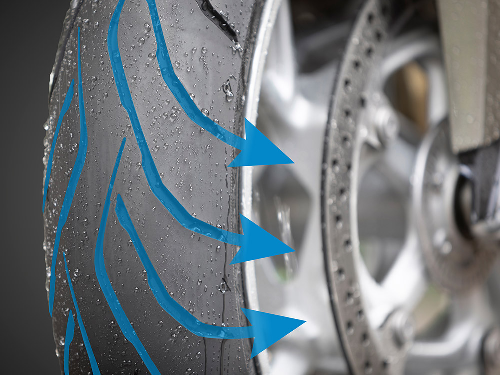 Close-up of the Dunlop Roadsmart IV front tyre showing water evacuation